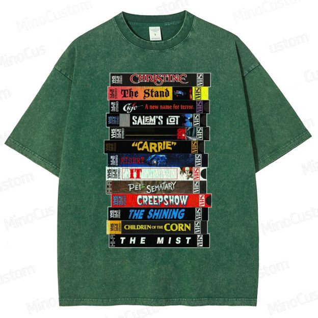 Stephen King VHS Movies Stack Washed T-Shirt 