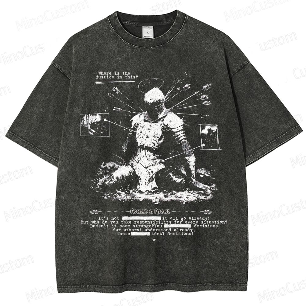 Vintage Washed Medieval Knight Graphic Philosophical T - shirt