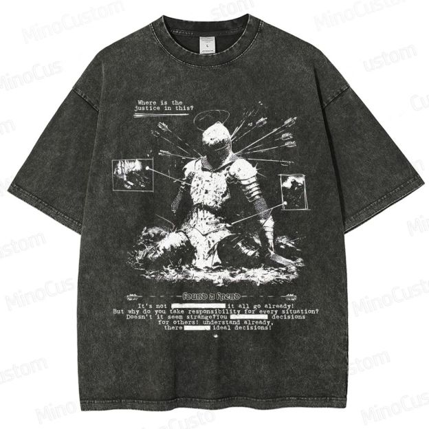 Vintage Washed Medieval Knight Graphic Philosophical T - shirt