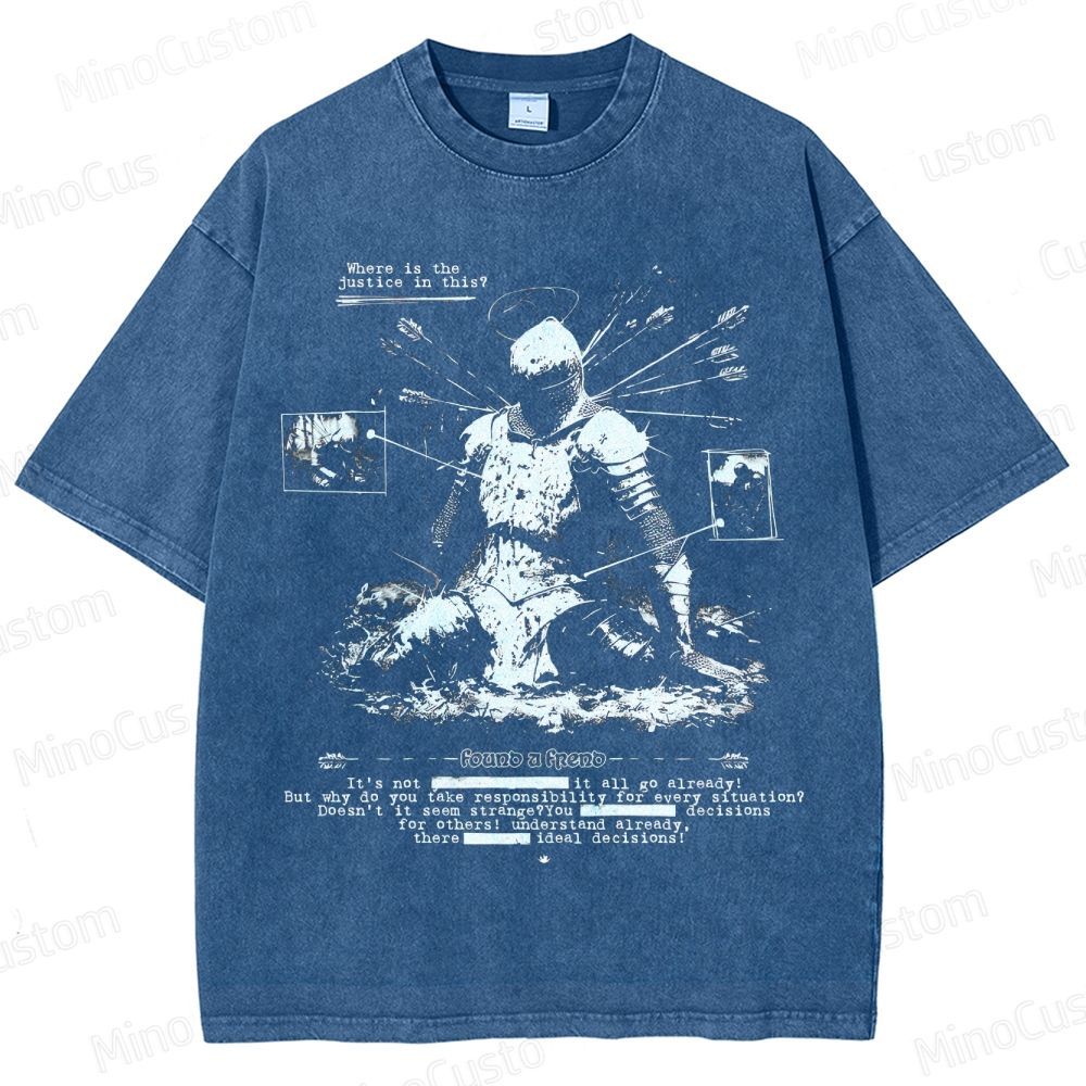 Vintage Washed Medieval Knight Graphic Philosophical T - shirt