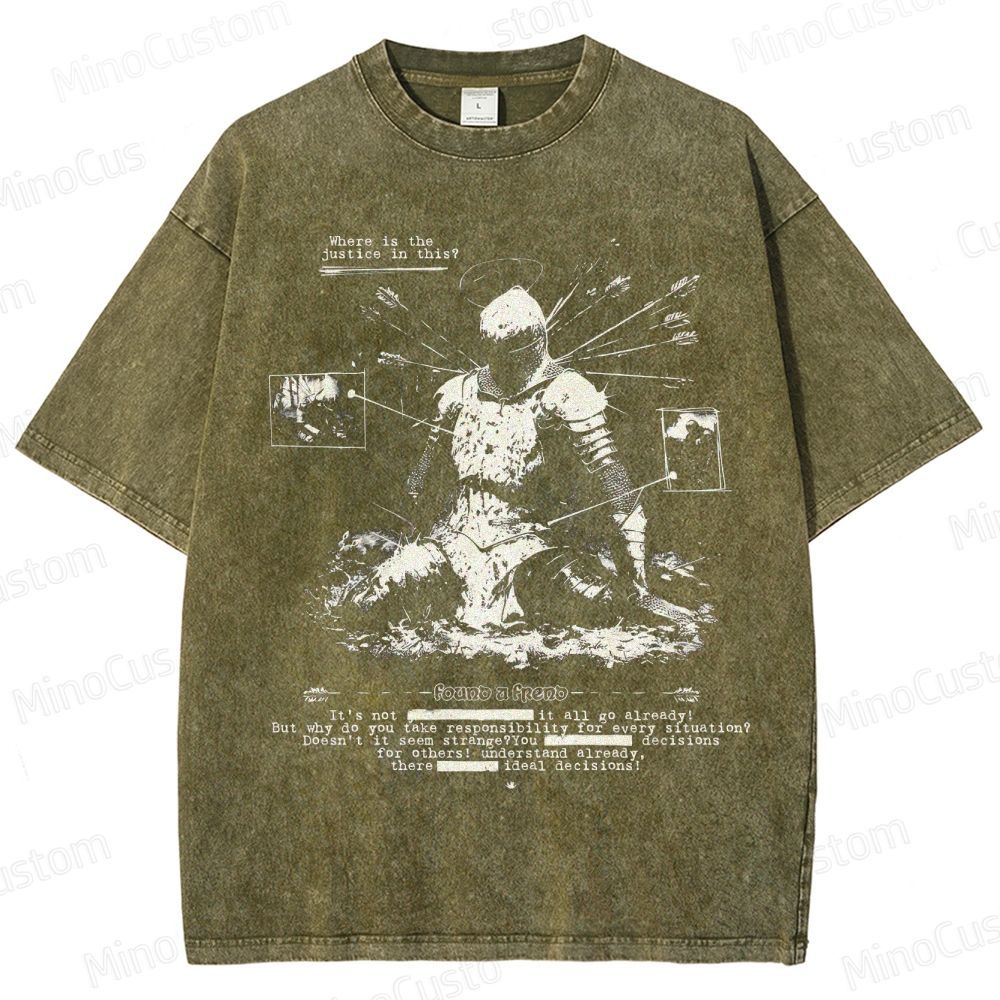 Vintage Washed Medieval Knight Graphic Philosophical T - shirt