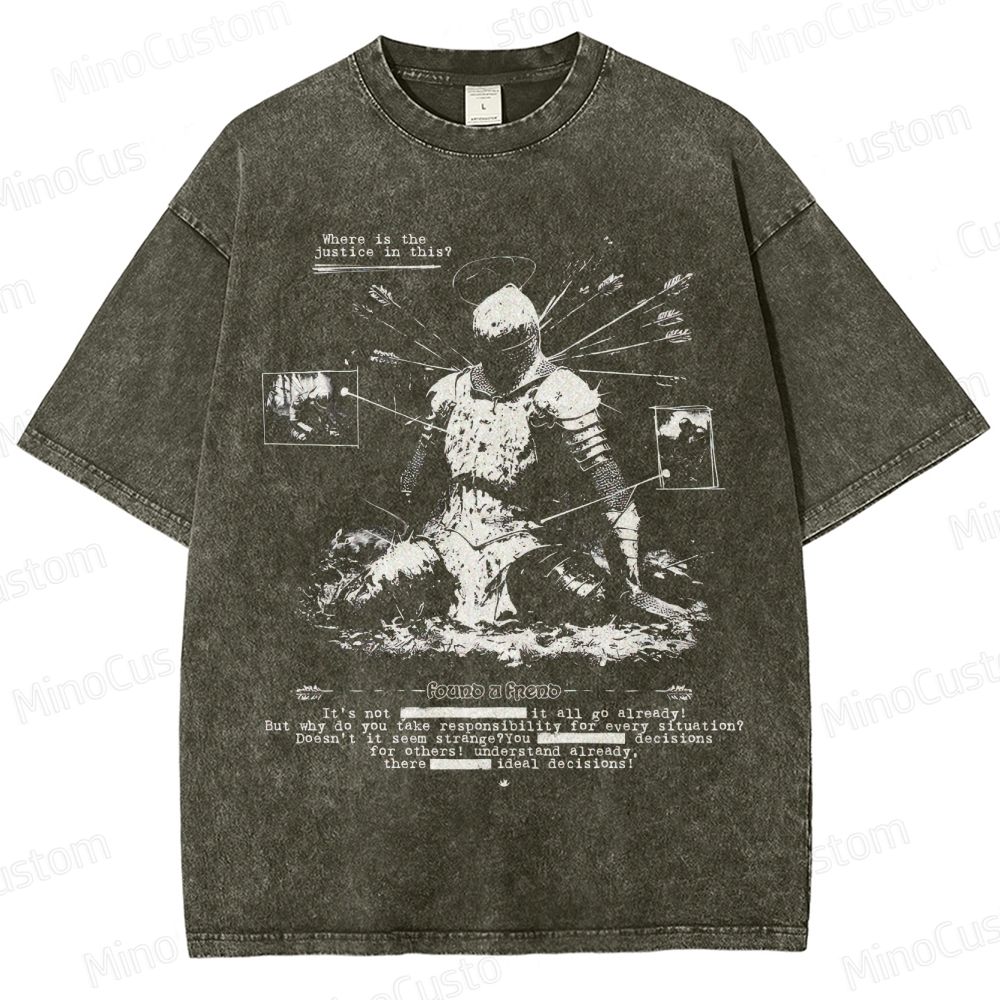 Vintage Washed Medieval Knight Graphic Philosophical T - shirt