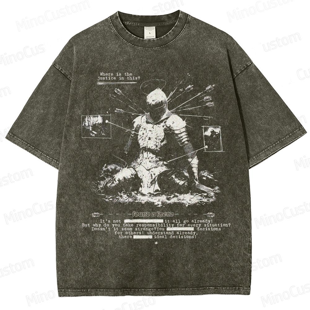 Vintage Washed Medieval Knight Graphic Philosophical T - shirt