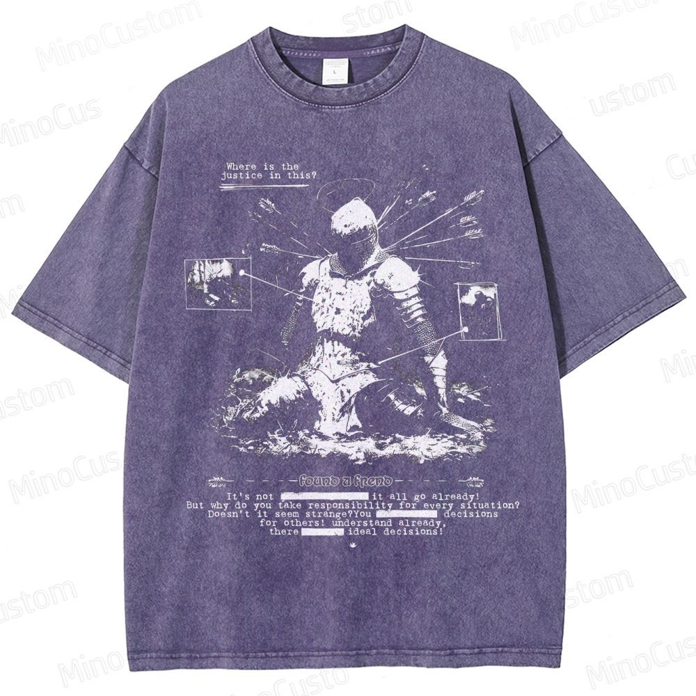 Vintage Washed Medieval Knight Graphic Philosophical T - shirt