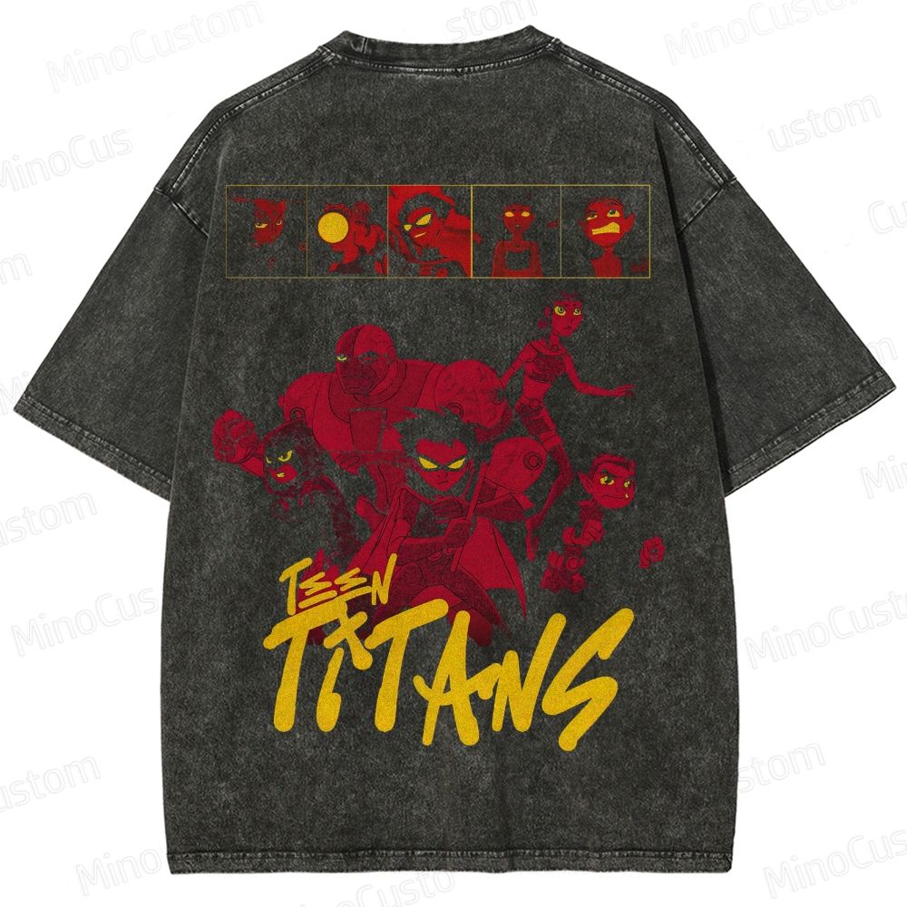Vintage Washed Teen Titans Graphic Animation Action T - shirt