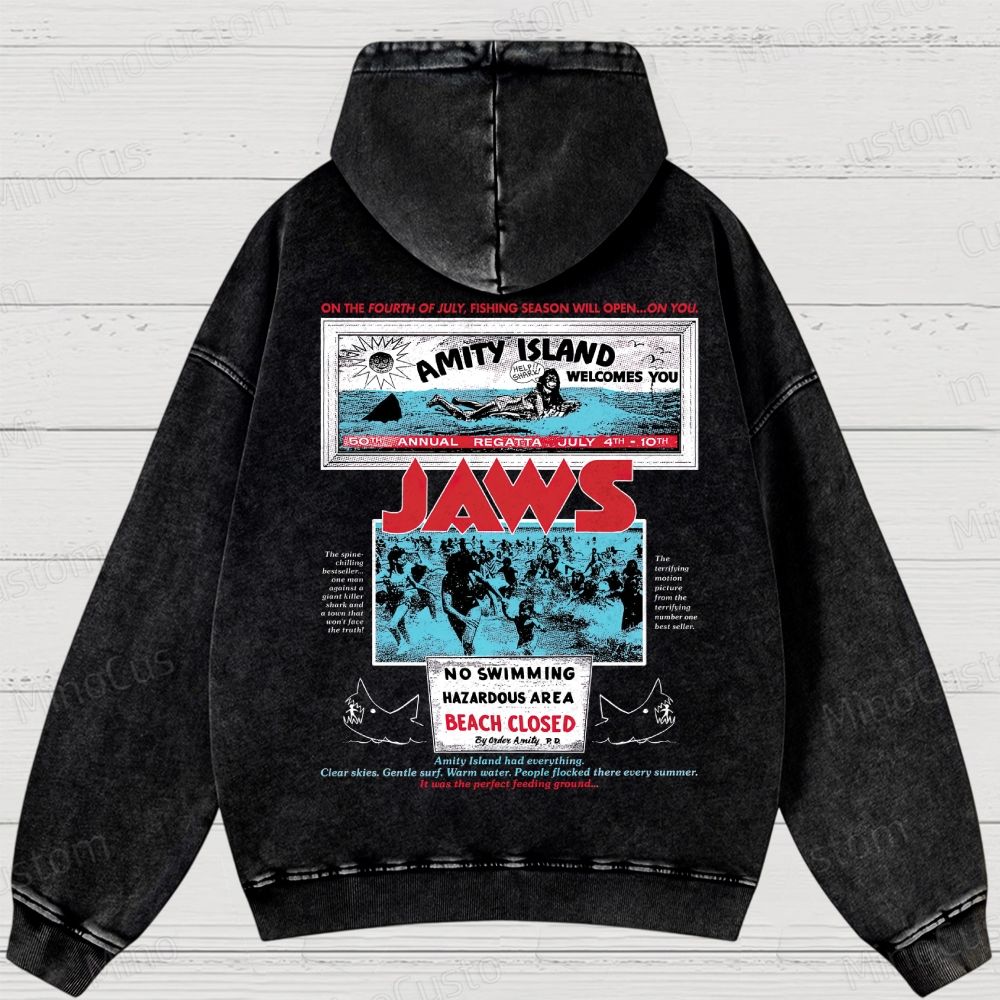 Jaws Movie Amity lsland Retro Graphic Washed Hoodies