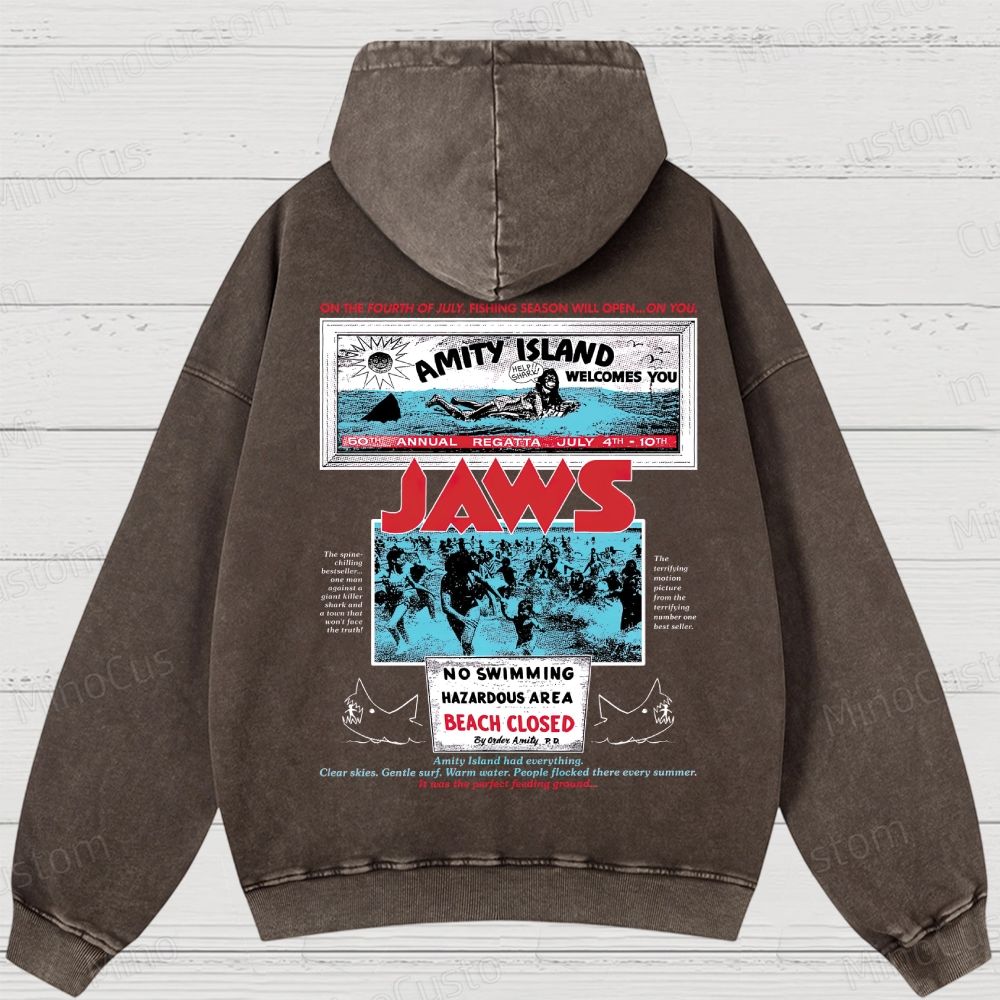 Jaws Movie Amity lsland Retro Graphic Washed Hoodies