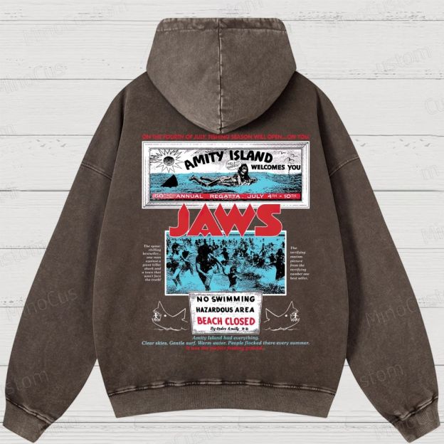 Jaws Movie Amity lsland Retro Graphic Washed Hoodies