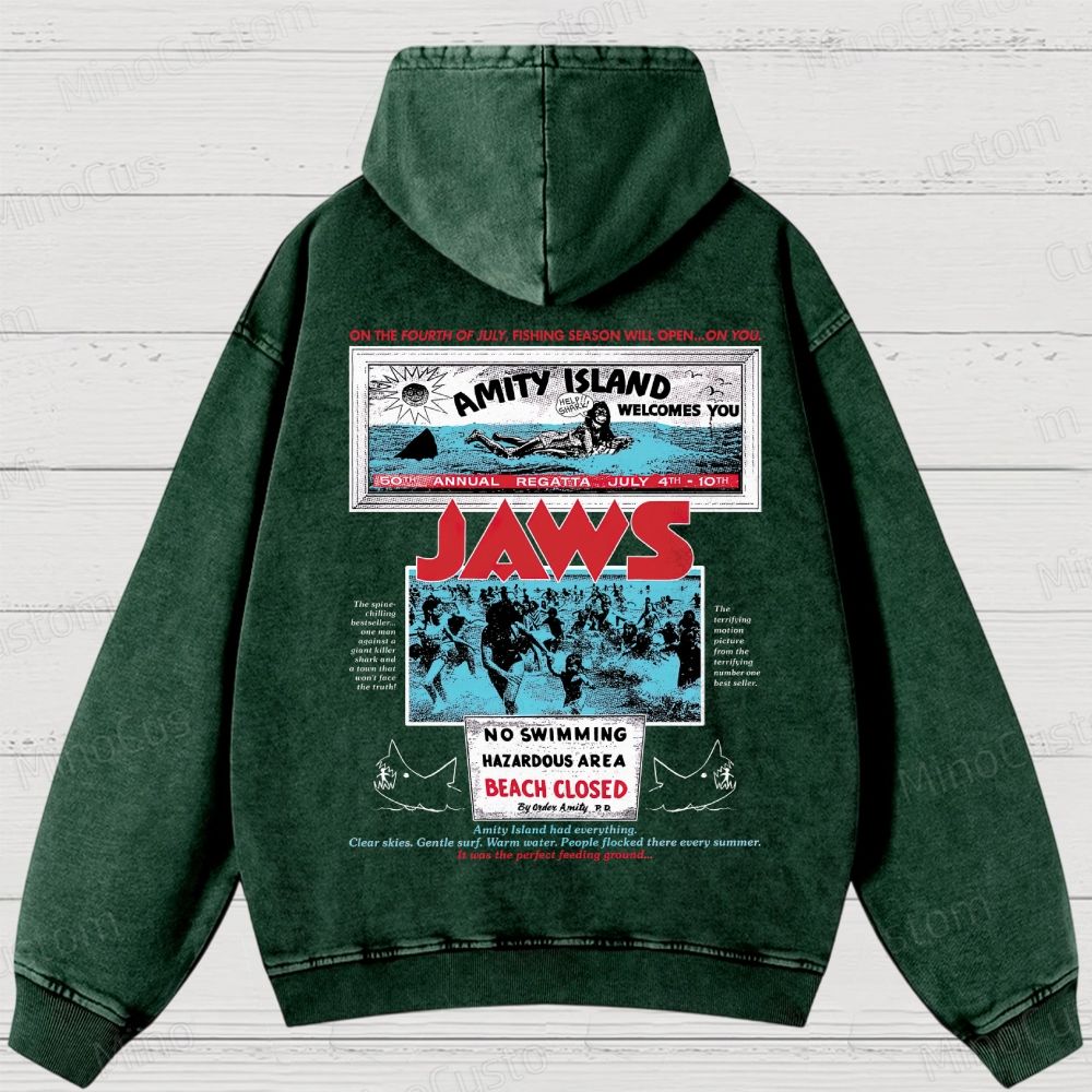 Jaws Movie Amity lsland Retro Graphic Washed Hoodies