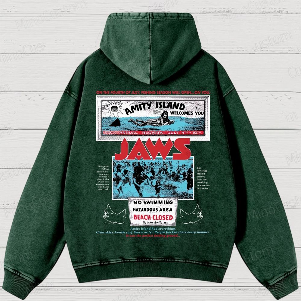 Jaws Movie Amity lsland Retro Graphic Washed Hoodies