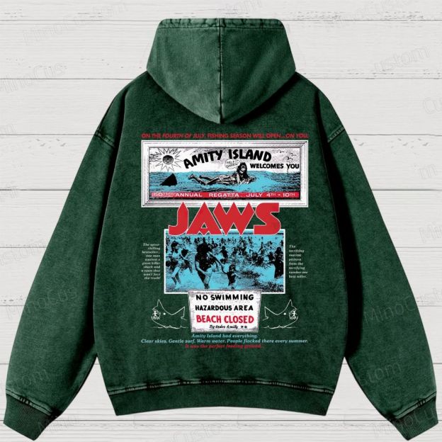 Jaws Movie Amity lsland Retro Graphic Washed Hoodies