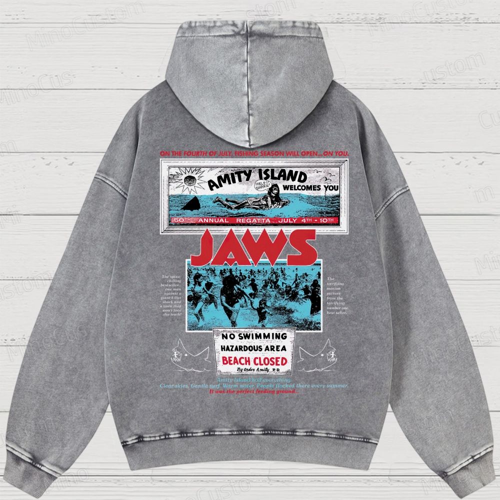 Jaws Movie Amity lsland Retro Graphic Washed Hoodies