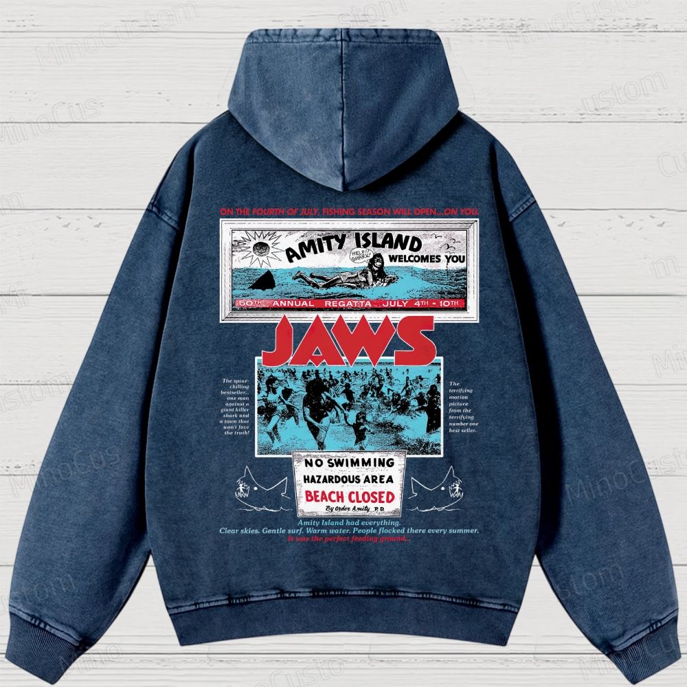 Jaws Movie Amity lsland Retro Graphic Washed Hoodies