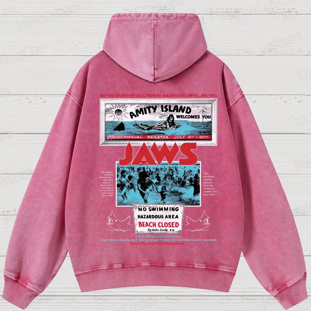 Jaws Movie Amity lsland Retro Graphic Washed Hoodies