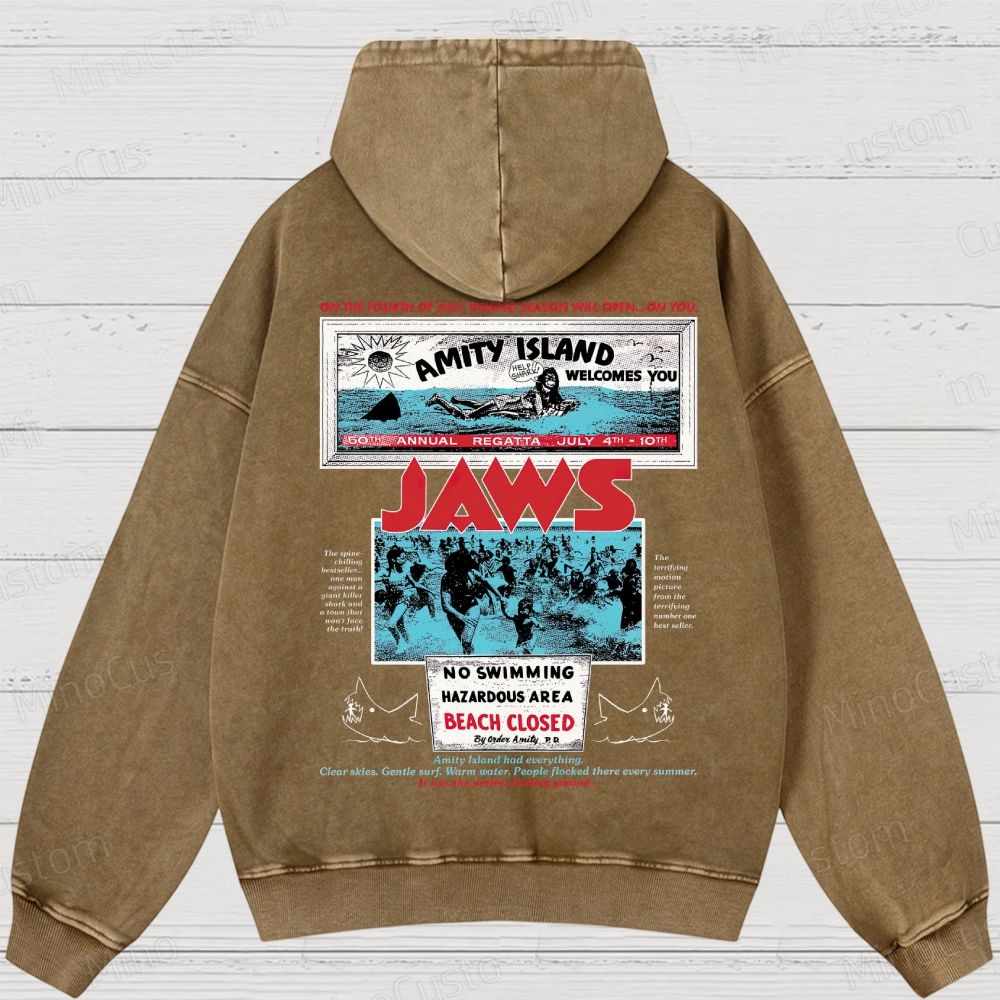 Jaws Movie Amity lsland Retro Graphic Washed Hoodies