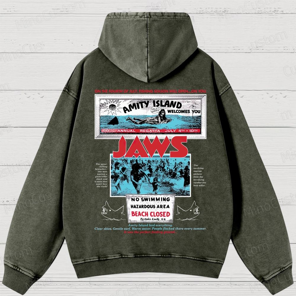 Jaws Movie Amity lsland Retro Graphic Washed Hoodies