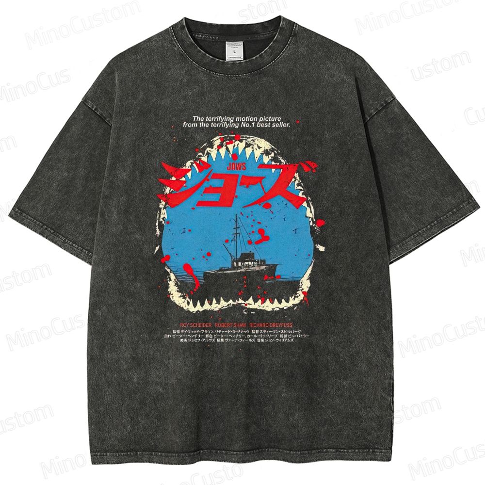 Vintage Washed Jaws Japanese Poster Graphic Horror Thriller T - shirt