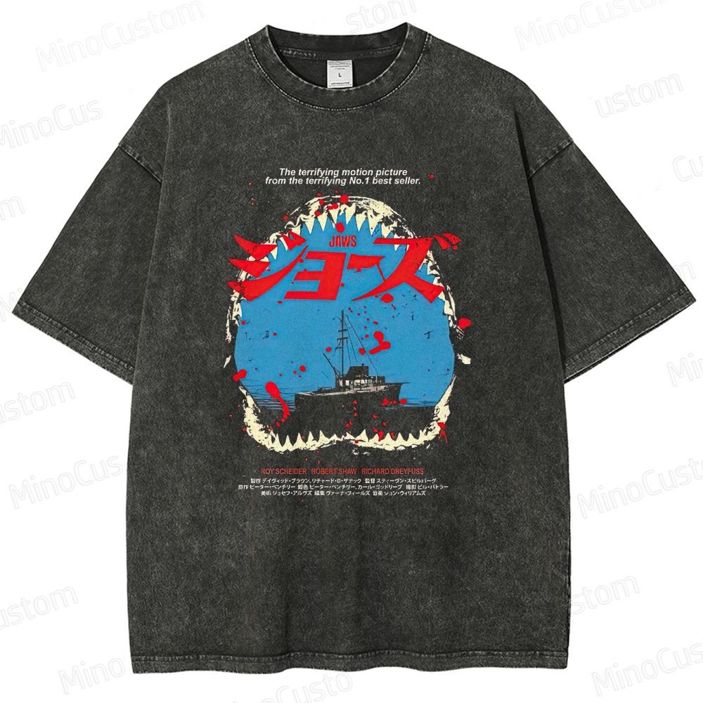 Vintage Washed Jaws Japanese Poster Graphic Horror Thriller T - shirt