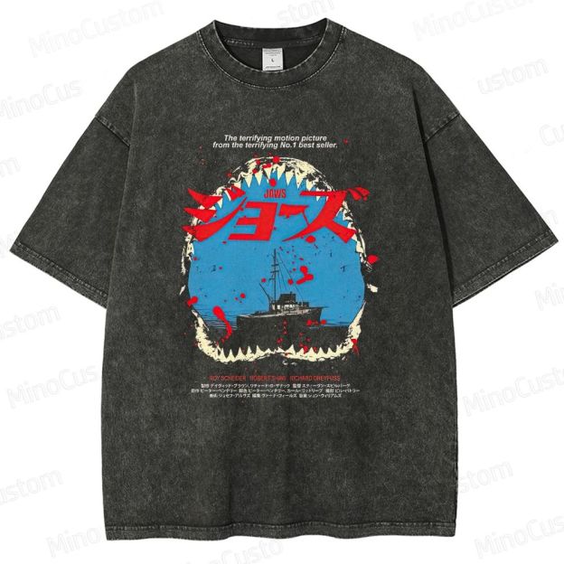 Vintage Washed Jaws Japanese Poster Graphic Horror Thriller T - shirt