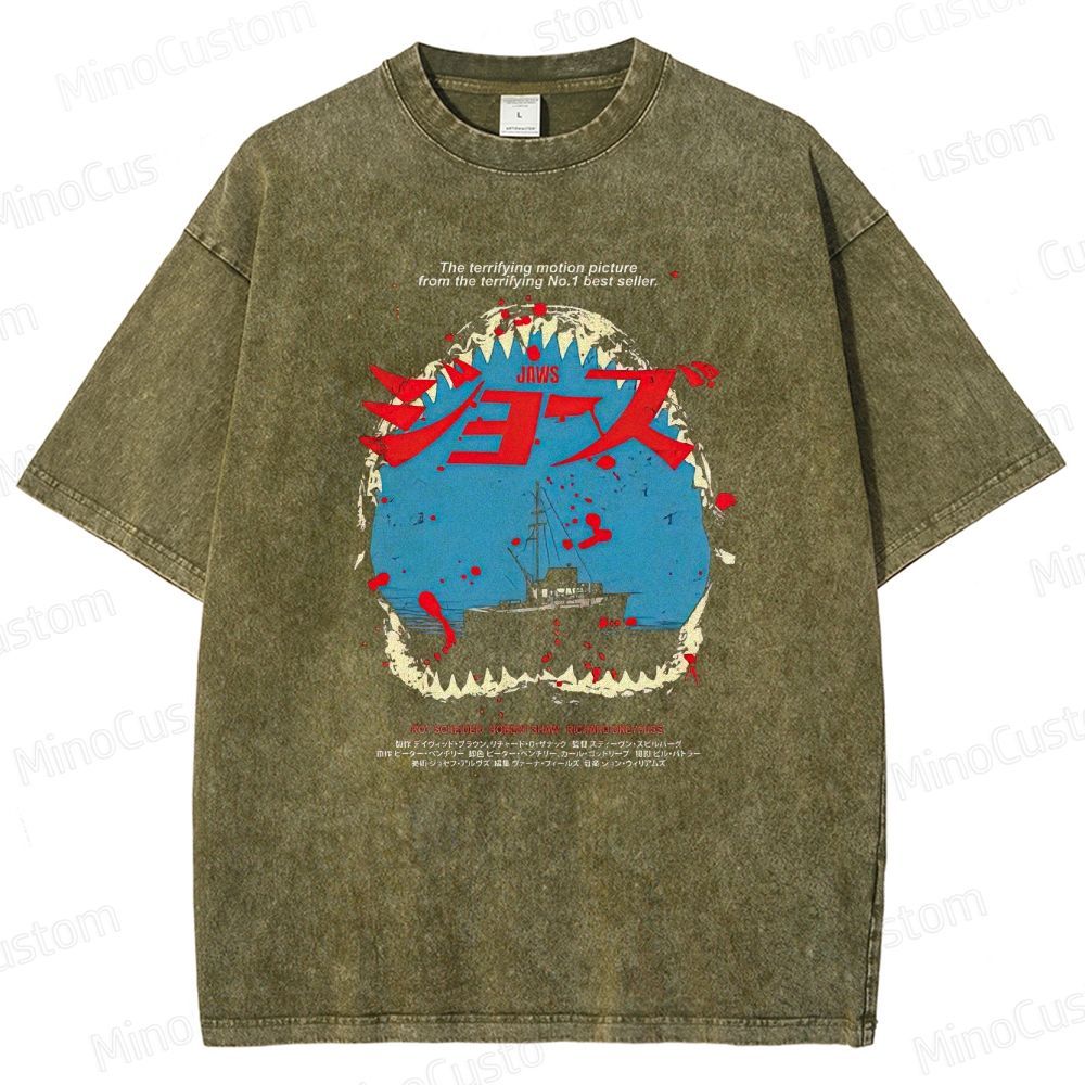 Vintage Washed Jaws Japanese Poster Graphic Horror Thriller T - shirt