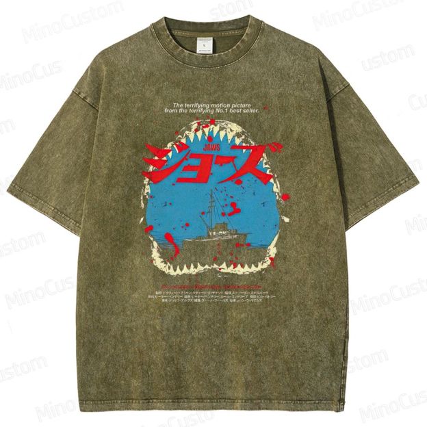 Vintage Washed Jaws Japanese Poster Graphic Horror Thriller T - shirt