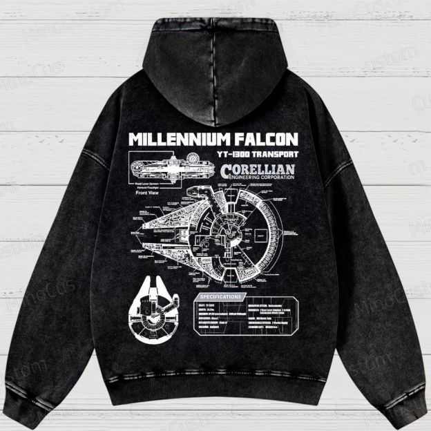 Mens Star Battles GoldMillennium Falcon Schematics Washed Hoodies 