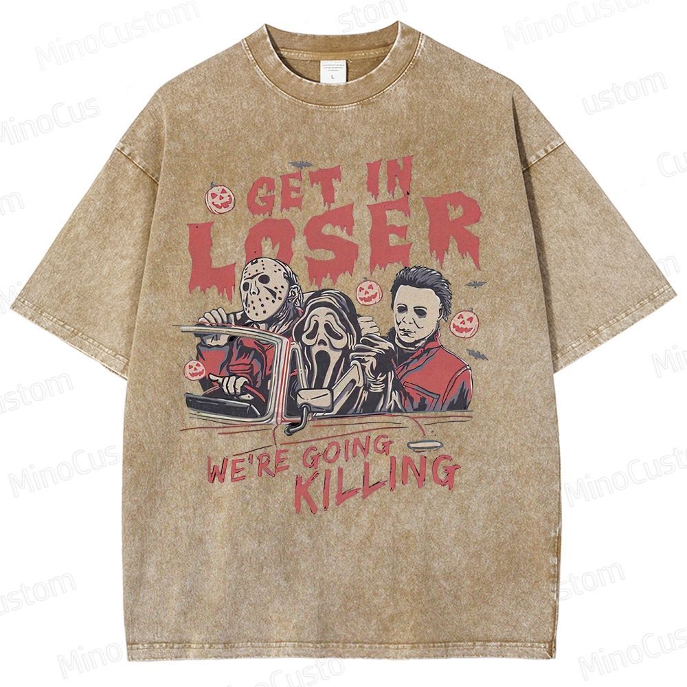 Vintage Horror Movie Characters Graphic Washed  T - shirt