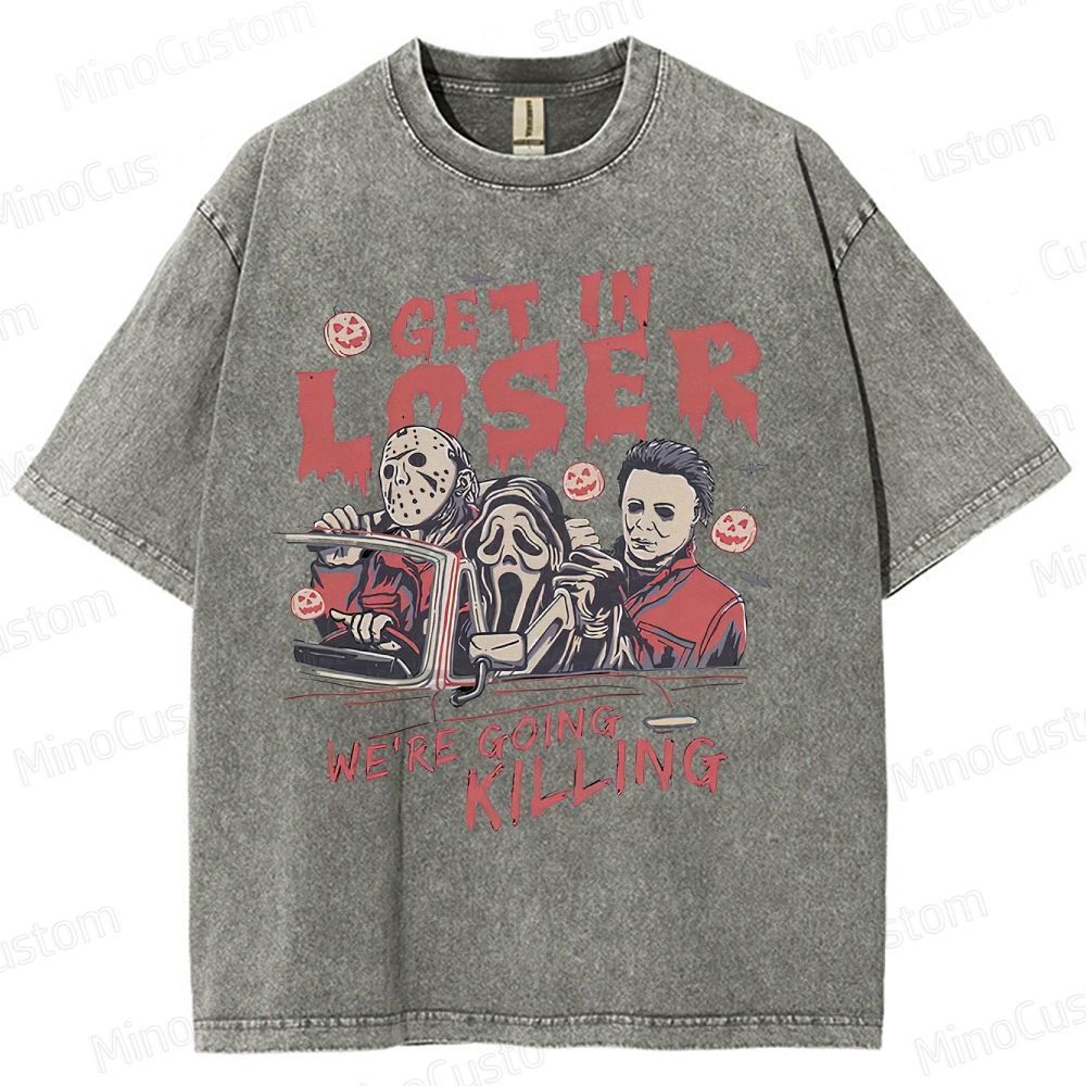 Vintage Horror Movie Characters Graphic Washed  T - shirt