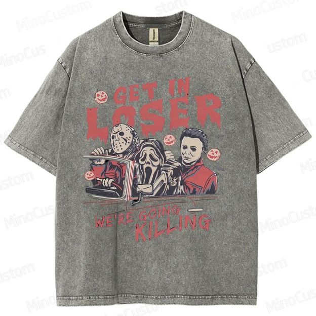 Vintage Horror Movie Characters Graphic Washed  T - shirt
