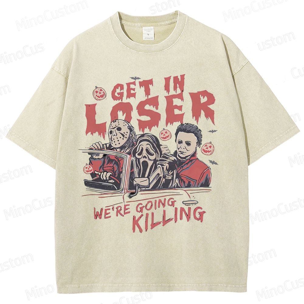 Vintage Horror Movie Characters Graphic Washed  T - shirt