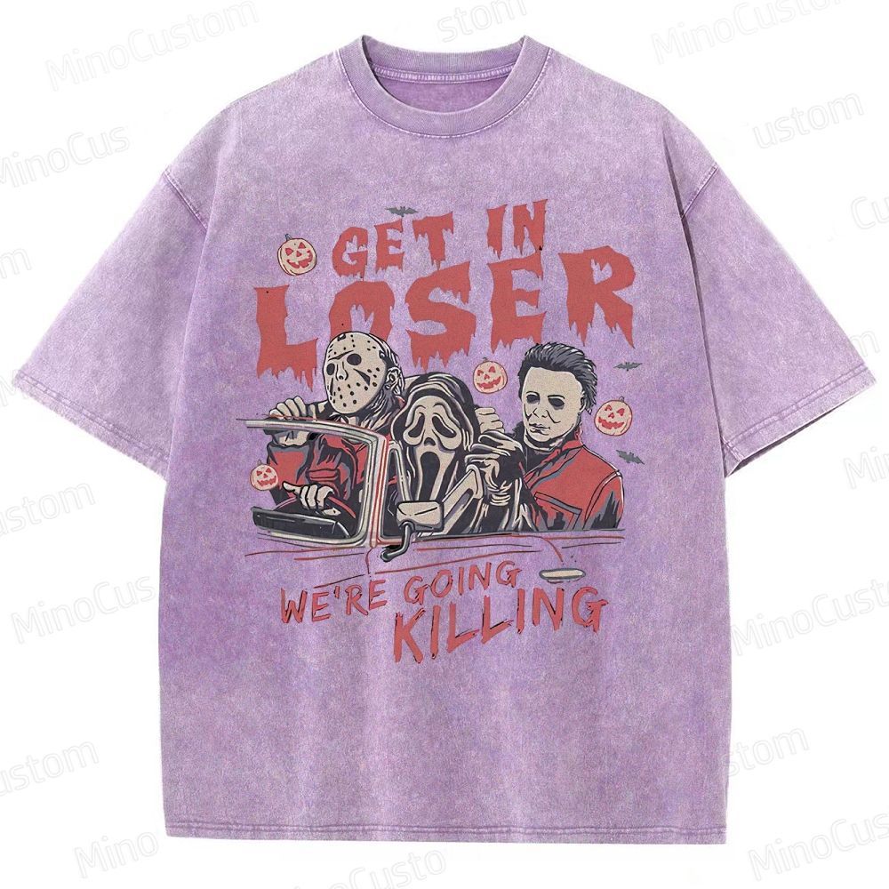 Vintage Horror Movie Characters Graphic Washed  T - shirt