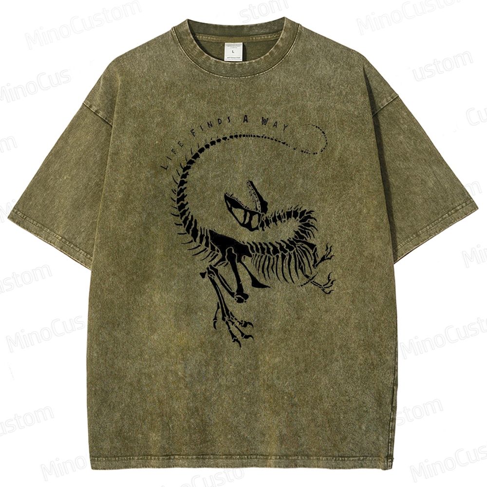 Jurassic Park - Inspired "Life Finds A Way" Dinosaur Skeleton Vintage Washed T - shirt