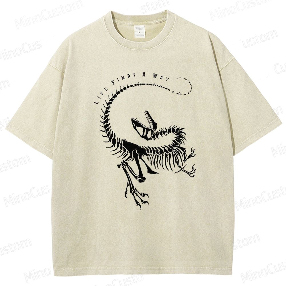 Jurassic Park - Inspired "Life Finds A Way" Dinosaur Skeleton Vintage Washed T - shirt