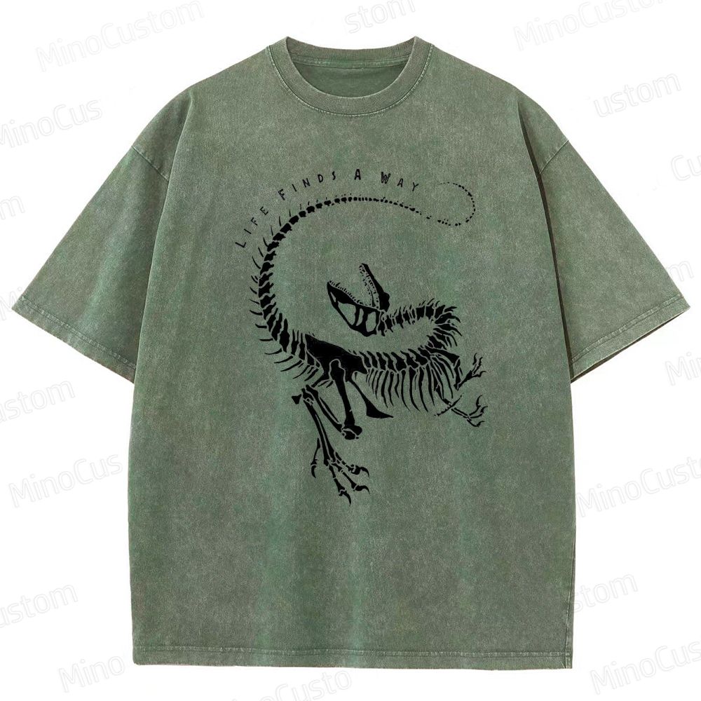 Jurassic Park - Inspired "Life Finds A Way" Dinosaur Skeleton Vintage Washed T - shirt
