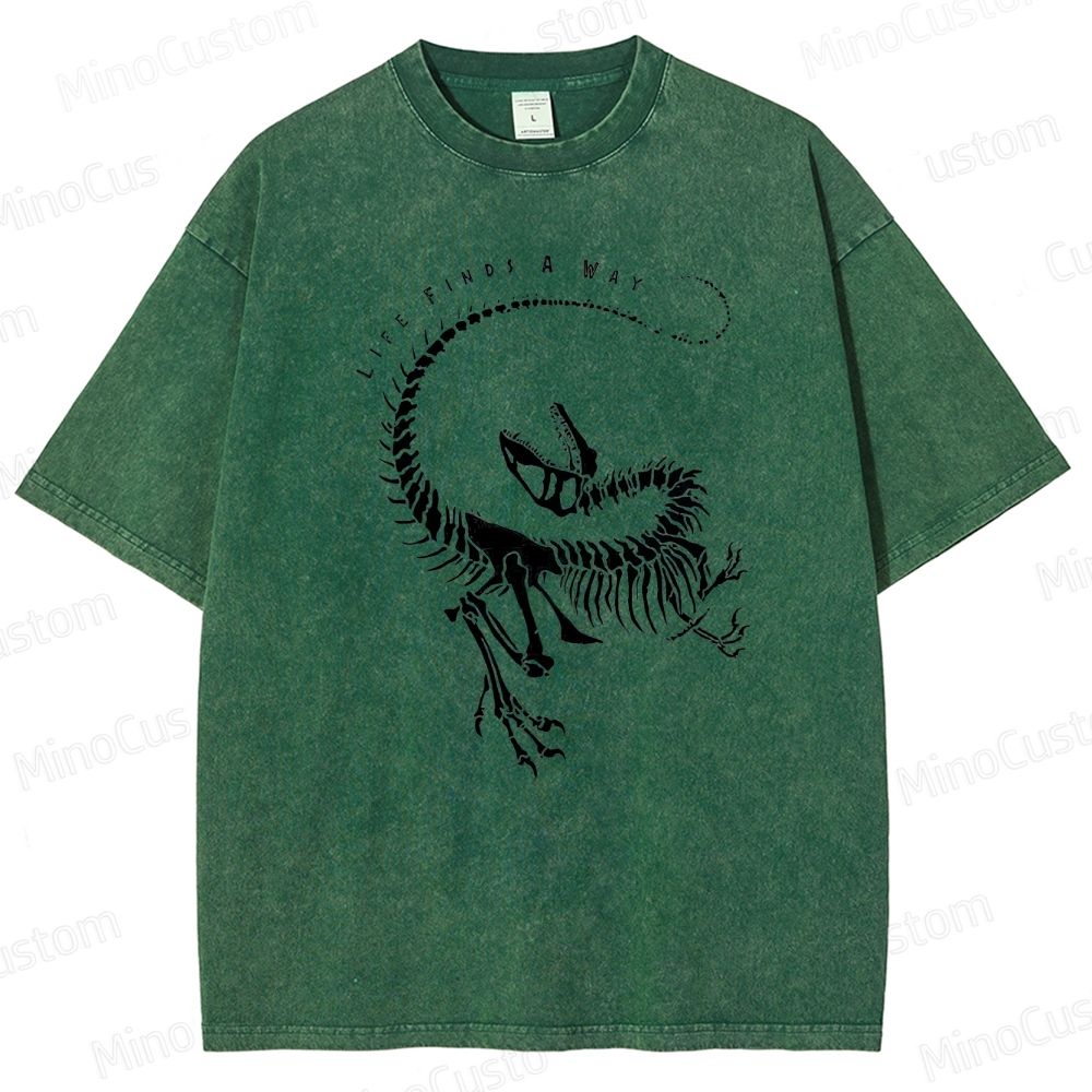 Jurassic Park - Inspired "Life Finds A Way" Dinosaur Skeleton Vintage Washed T - shirt