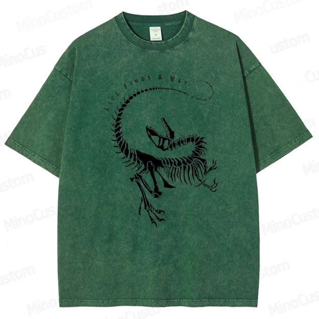 Jurassic Park - Inspired "Life Finds A Way" Dinosaur Skeleton Vintage Washed T - shirt