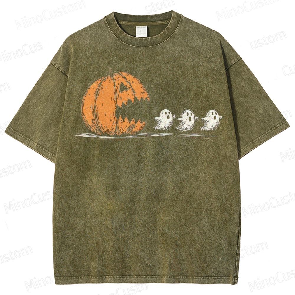 Halloween Pumpkin Eat Ghost Washed T-Shirt