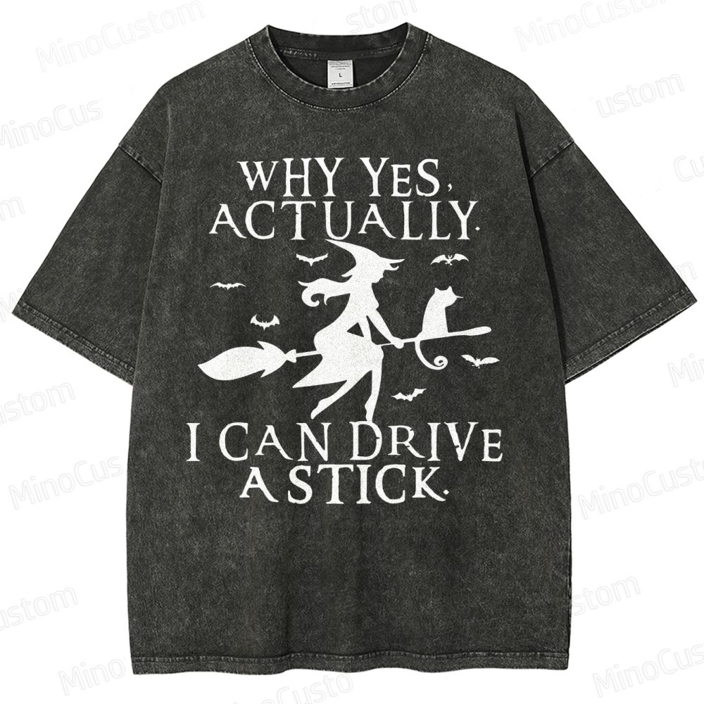 Funny Halloween Shirt: Witch Driving Stick Washed T-Shirt 