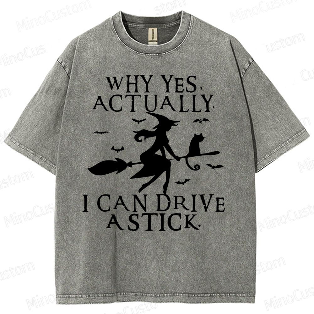 Funny Halloween Shirt: Witch Driving Stick Washed T-Shirt 