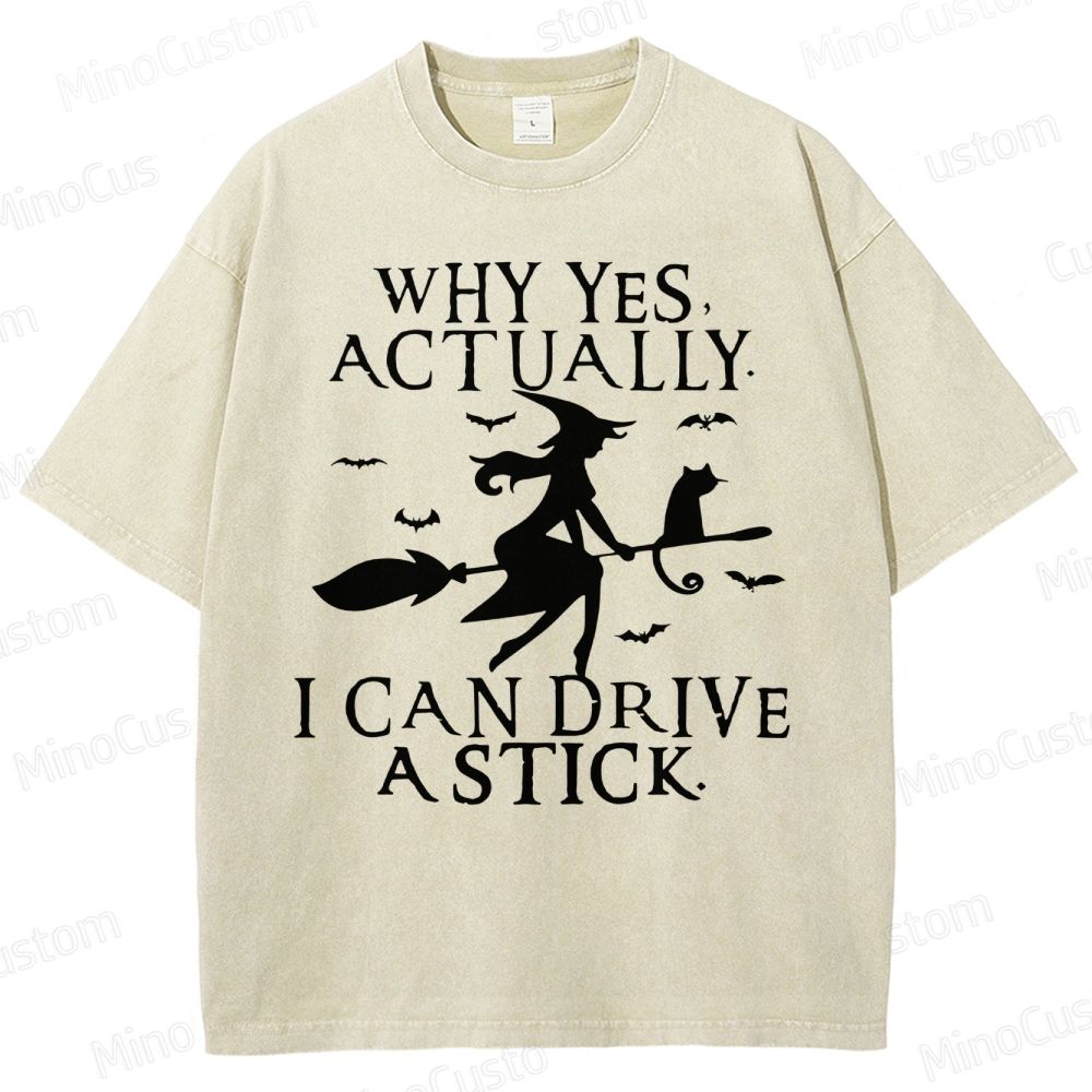 Funny Halloween Shirt: Witch Driving Stick Washed T-Shirt 