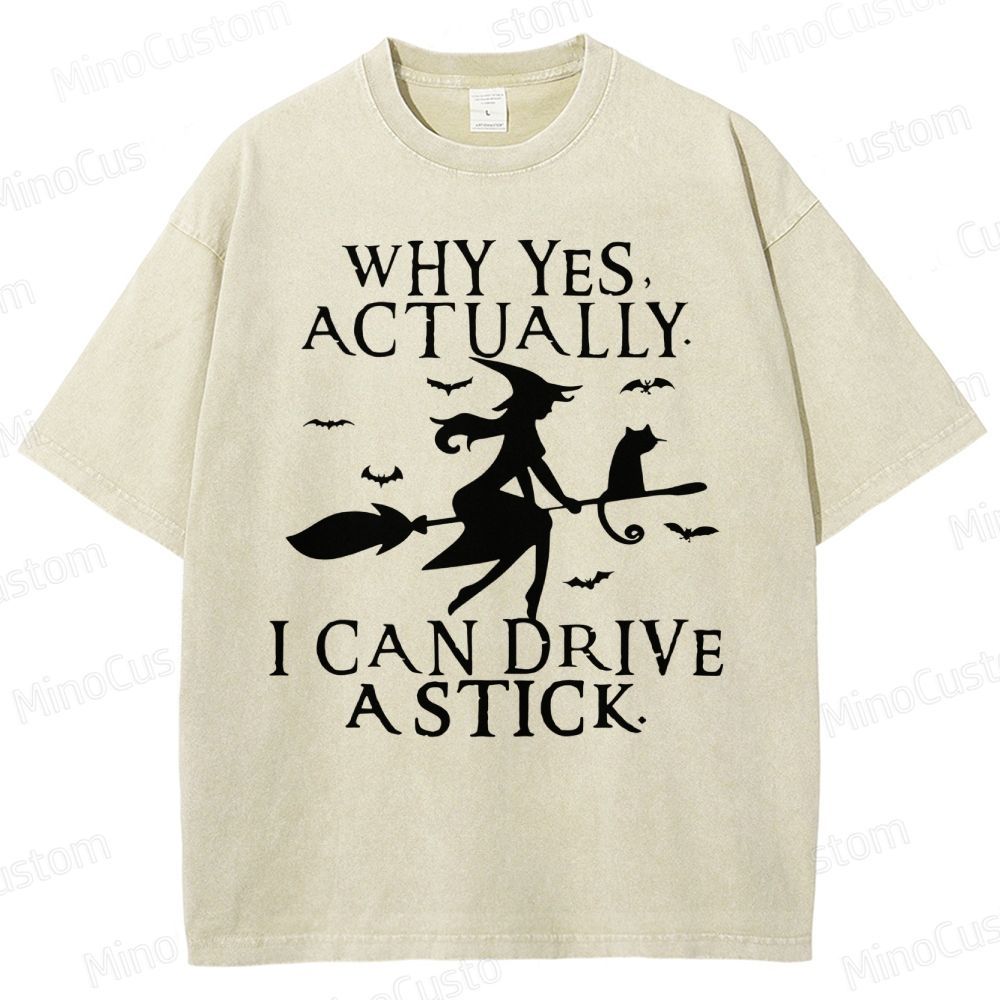 Funny Halloween Shirt: Witch Driving Stick Washed T-Shirt 