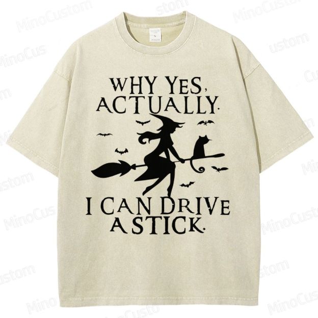 Funny Halloween Shirt: Witch Driving Stick Washed T-Shirt 