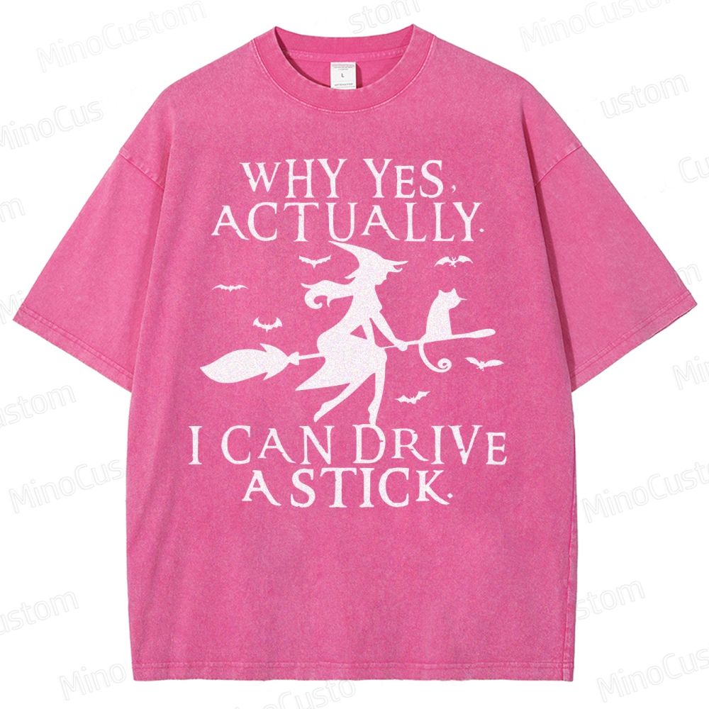 Funny Halloween Shirt: Witch Driving Stick Washed T-Shirt 