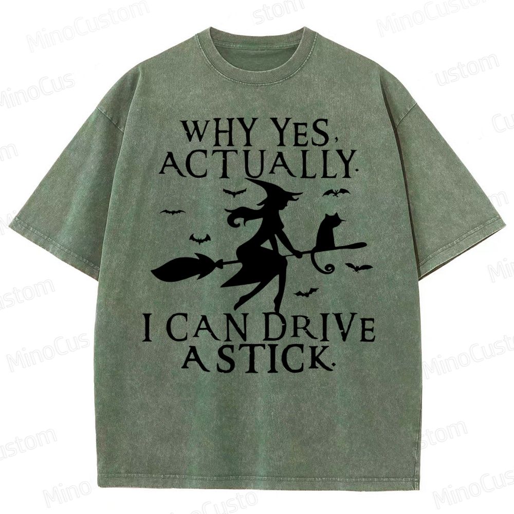 Funny Halloween Shirt: Witch Driving Stick Washed T-Shirt 