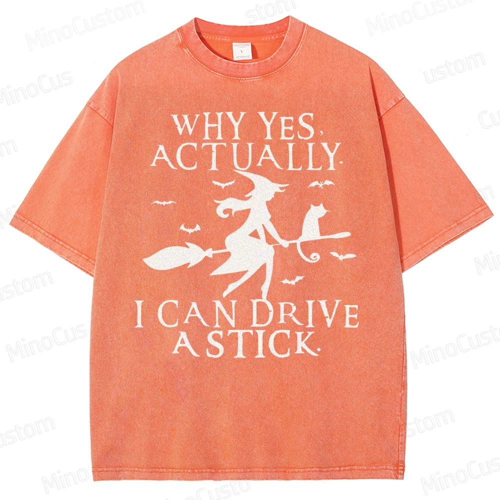 Funny Halloween Shirt: Witch Driving Stick Washed T-Shirt 