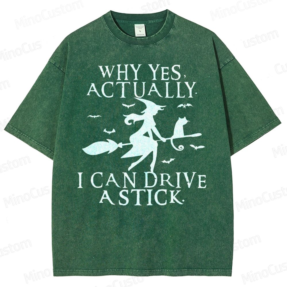 Funny Halloween Shirt: Witch Driving Stick Washed T-Shirt 