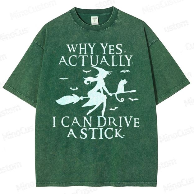Funny Halloween Shirt: Witch Driving Stick Washed T-Shirt 
