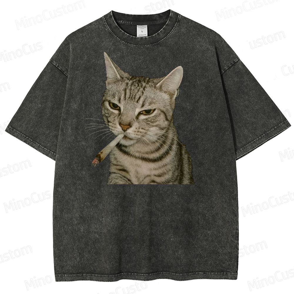 Cool Cat Smoking Vintage Washed Graphic T - shirt