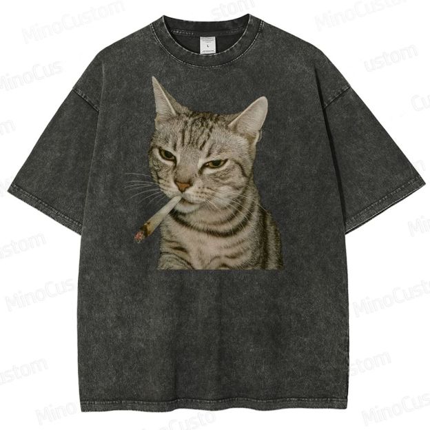 Cool Cat Smoking Vintage Washed Graphic T - shirt