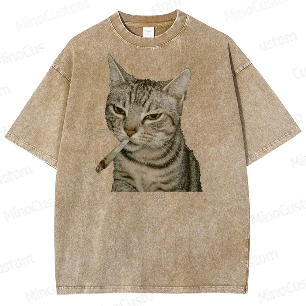 Cool Cat Smoking Vintage Washed Graphic T - shirt